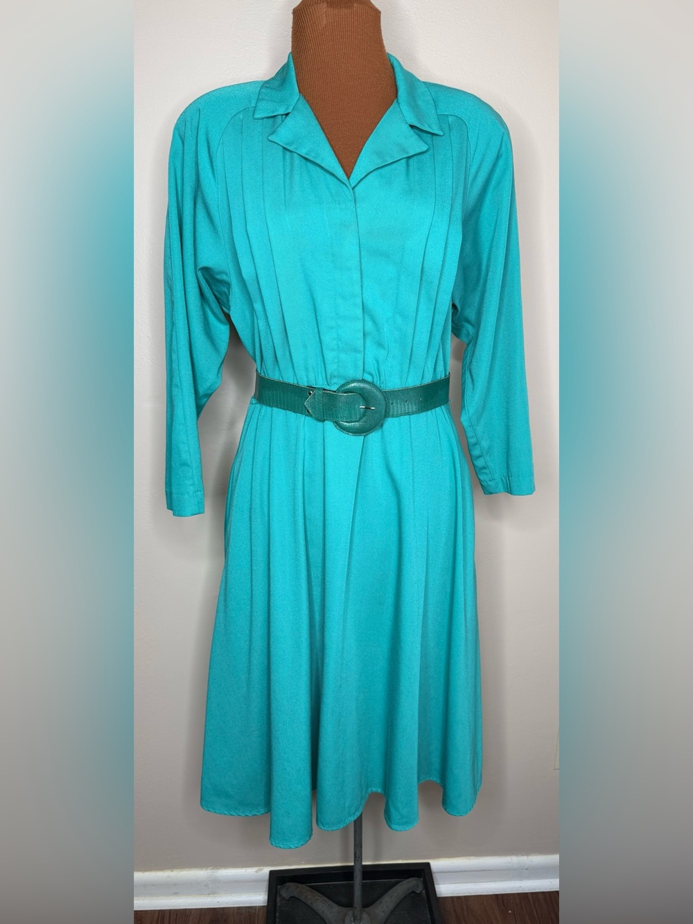 Vintage 80s FT Ltd Shirtdress Teal Blue Belted Size 8
